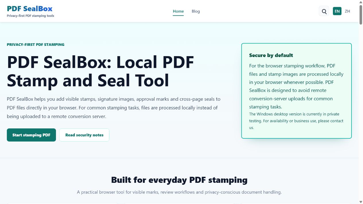 PDF SealBox homepage on desktop