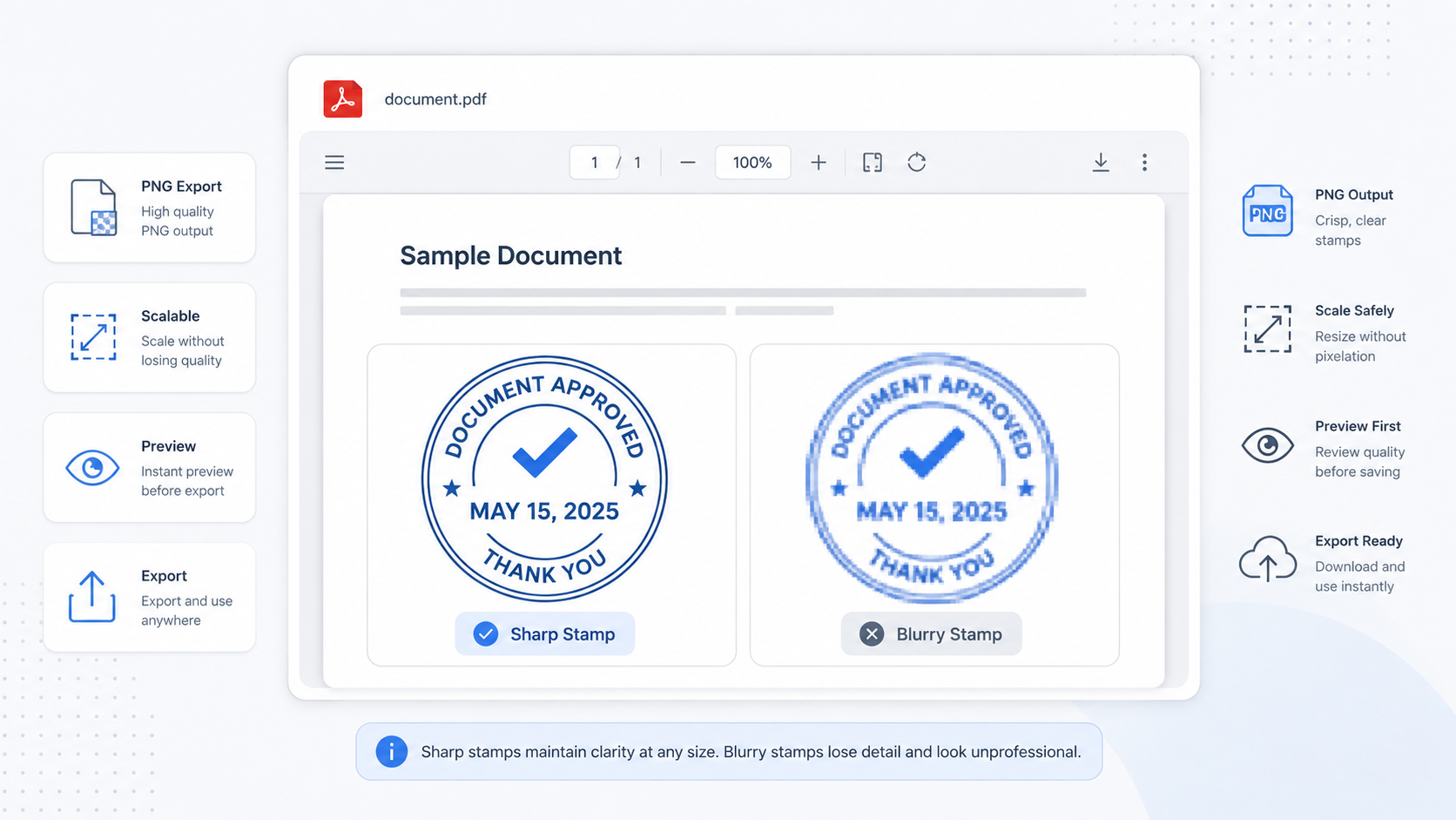 A sharp and blurry PDF stamp comparison on a document preview