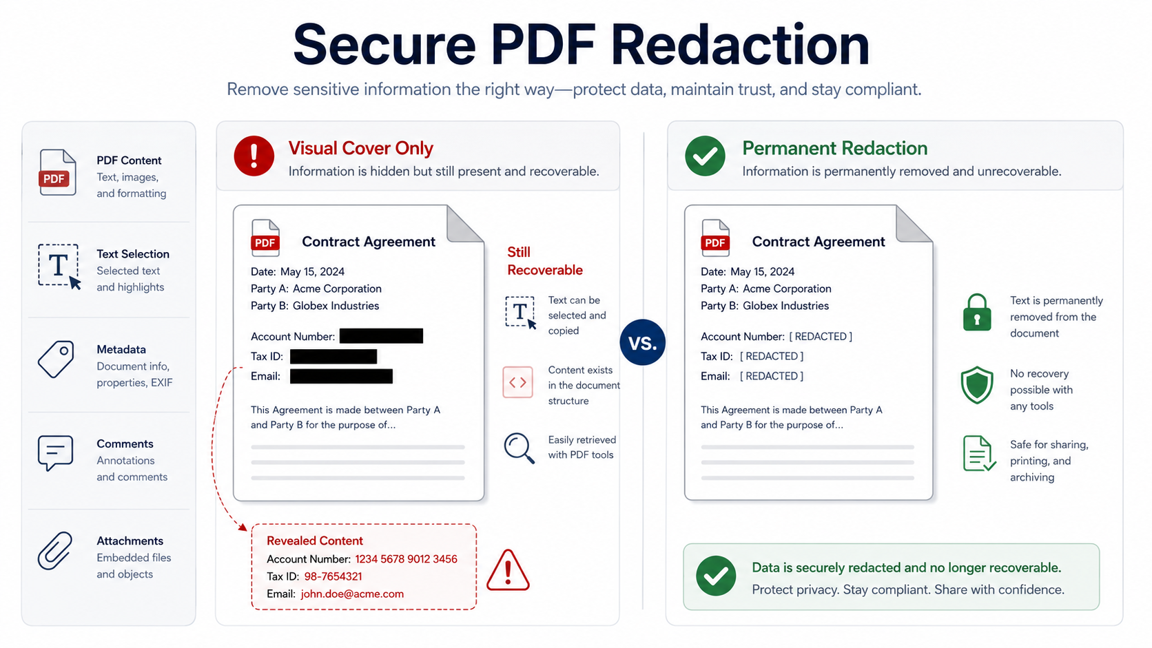 安全删除PDF敏感信息与仅在文字上覆盖色块的对比