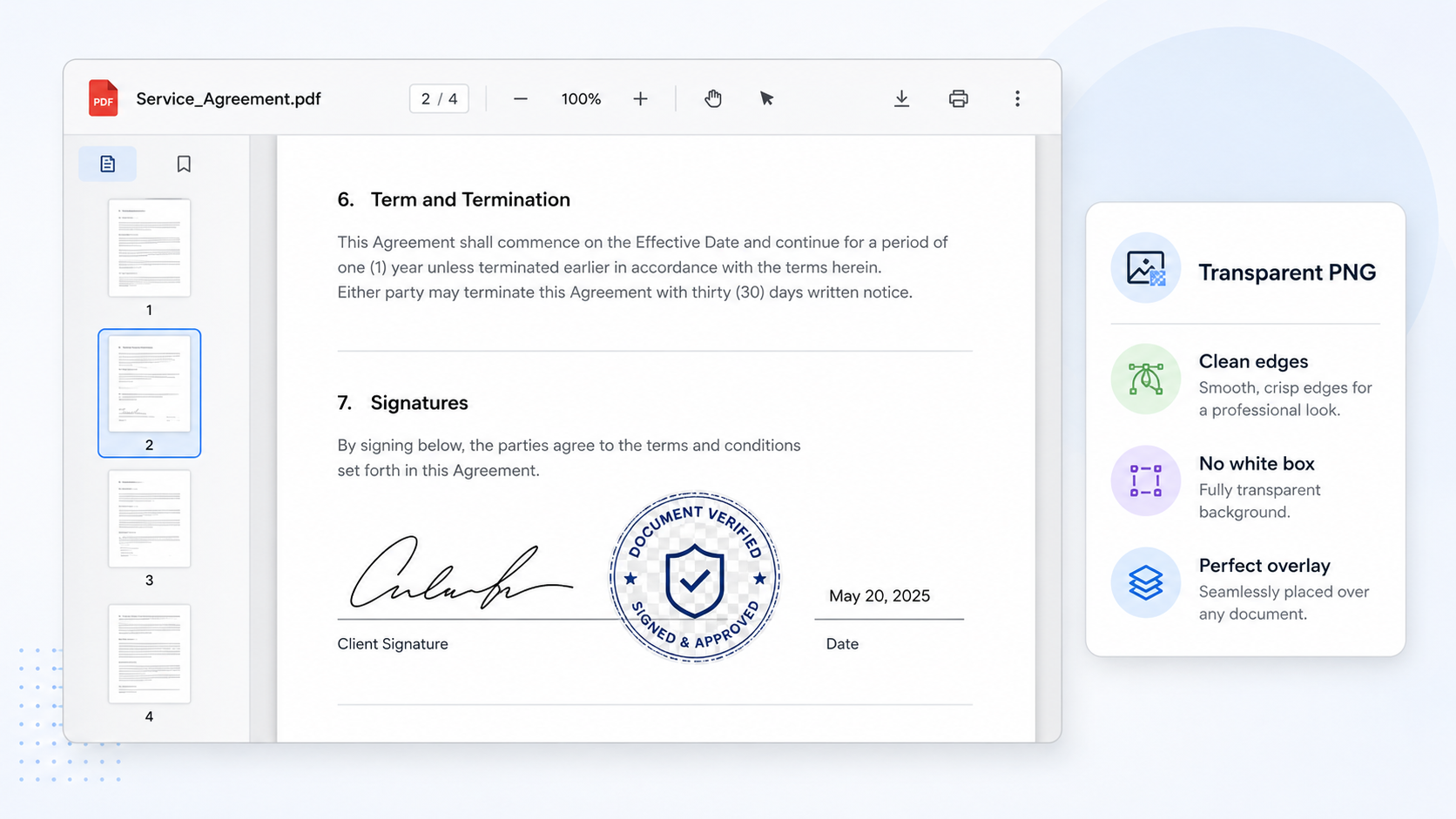 Transparent PNG seal image placed cleanly on a PDF document