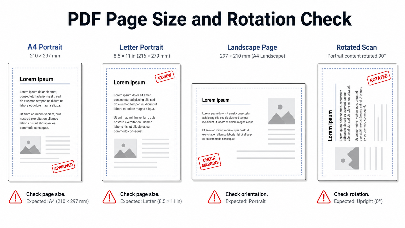 Diagram showing different PDF page sizes and rotation affecting stamp placement