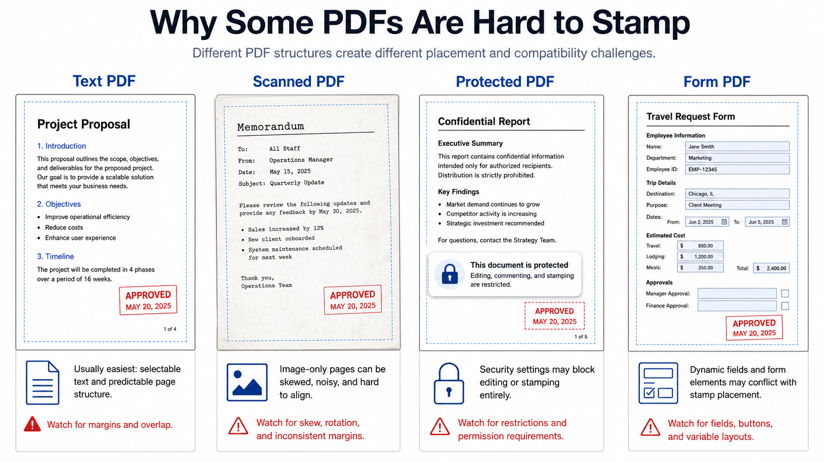 Comparison of text PDF, scanned PDF, protected PDF and form PDF