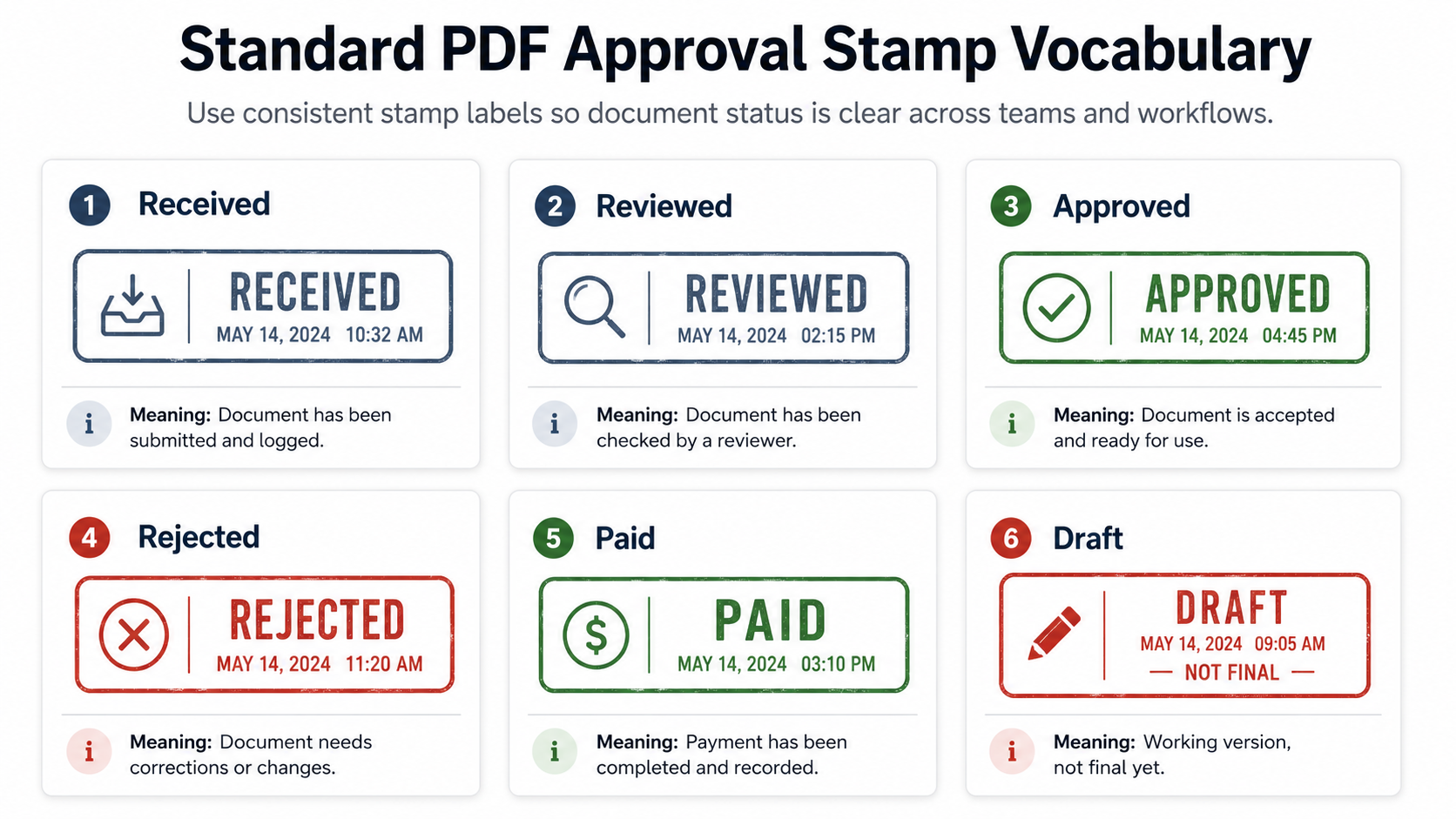 Standard PDF approval stamp vocabulary for small teams