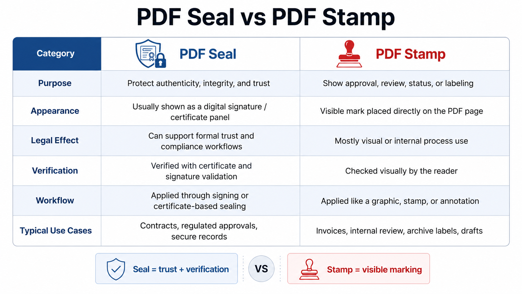 PDF Seal and PDF Stamp comparison table